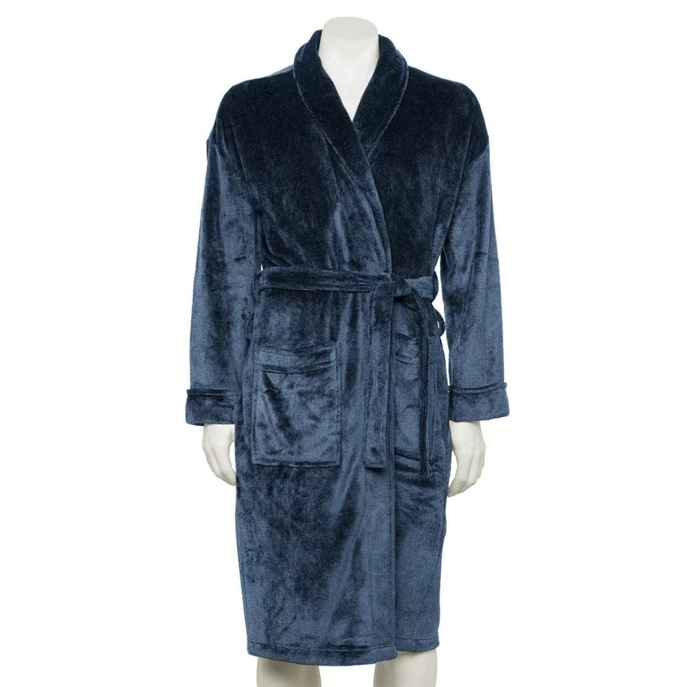 Mens Sonoma PLUSH BATHROBE NIGHT LIFE BLUE BELTED KIMONO STYLE SMALL /  MED NWT